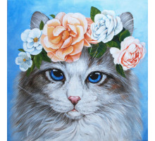 Алмазная мозаика без подрамника "Голубоглазый кот в цветах"