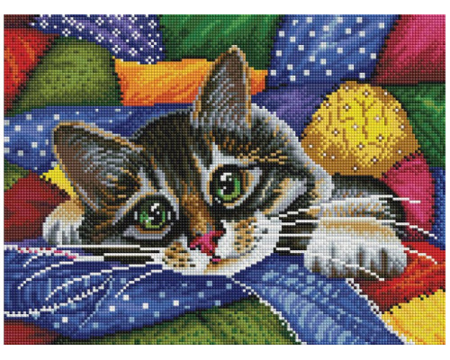 Алмазная мозаика на подрамнике "Котик в лоскутках"
